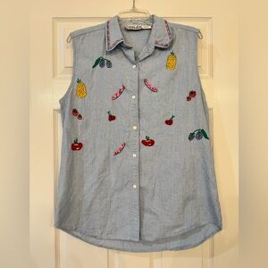 Vintage Embroidered Fruit Sleeveless Denim Button-Down Shirt